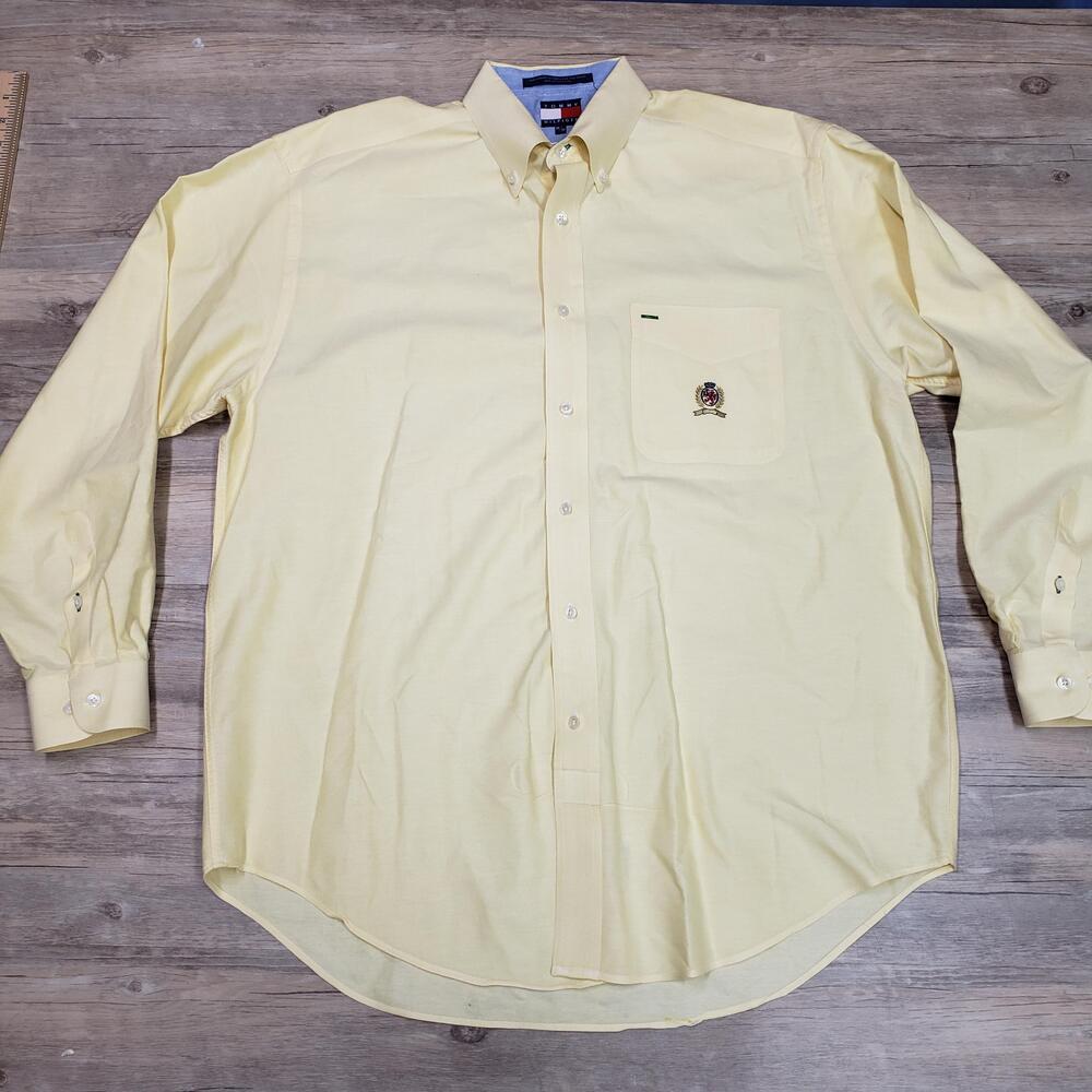 Tommy Hilfiger Shirt Mens M Yellow Long Sleeve Button Up Crest Pocket Cotton